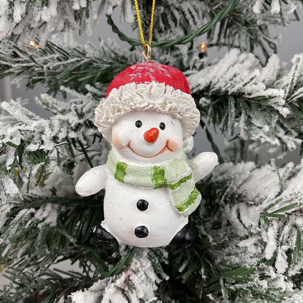Christmas Tree Ornament-Red Snowflake Hat With Green Scarf Snowman